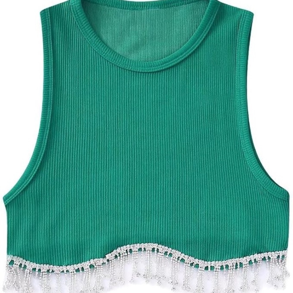 Green Rhinestone Tassel Trim Crop Top